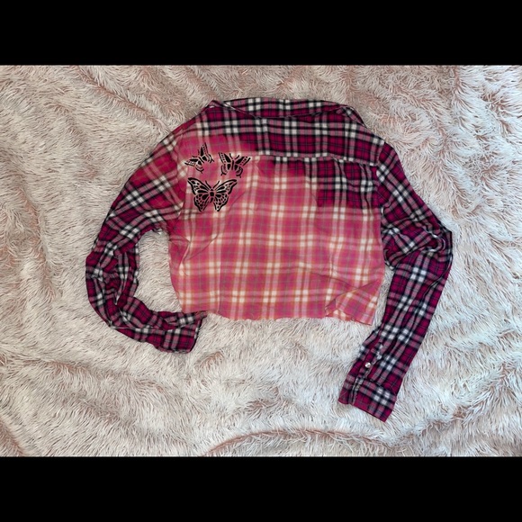 Bleached Butterfly Cropped Flannel Button Down Top - Picture 1 of 2